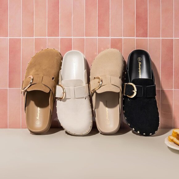 Womens Suede Rivet Mules Slip On Comfort Shoe for Indoor Outdoor - Picture 5 of 6